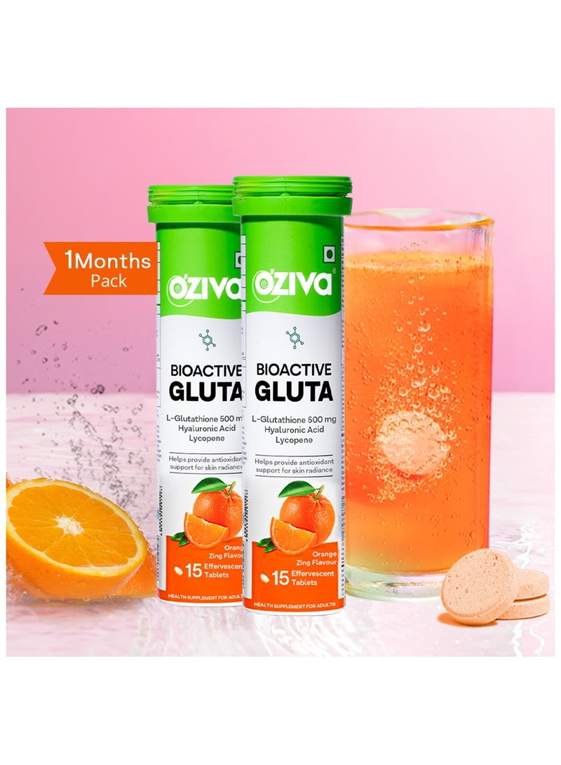 OZiva أوزيفا بيوأكتيف غلوتا فزي-5 مضادات أكسدة قوية | أقراص الجلوتاثيون لإشراقة البشرة وتألقها | مع حمض الهيالورونيك، الليكوبين، الأستازانتين - نكهة البرتقال، عبوة من 2 (30 قرص) - Image 1