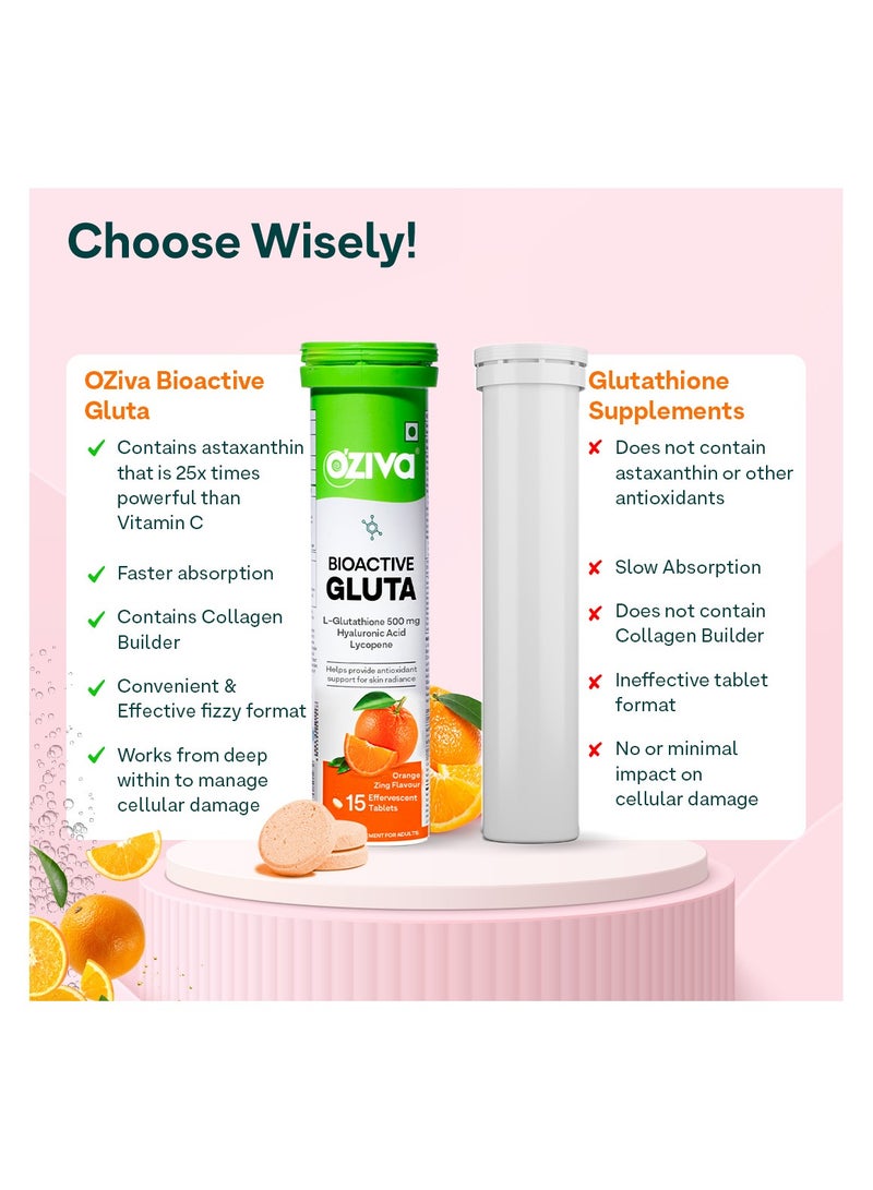 OZiva أوزيفا بيوأكتيف غلوتا فزي-5 مضادات أكسدة قوية | أقراص الجلوتاثيون لإشراقة البشرة وتألقها | مع حمض الهيالورونيك، الليكوبين، الأستازانتين - نكهة البرتقال، عبوة من 2 (30 قرص) - Image 4