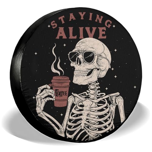 GENANY Staying Alive Skeleton PVC Leather Halloween Spare Tire Cover, Universal Fit for Jeep, RV, Trailer, Camper, 24-35 Inch Tire Diameter - Image 1