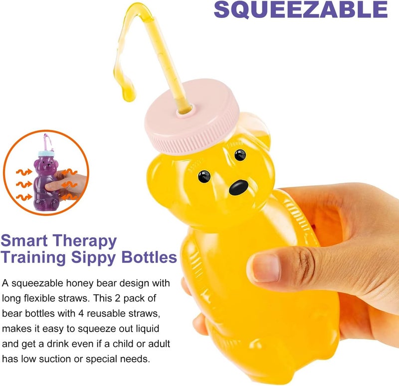 Mootikar Honey Bear Straw Cups, Juice Bear Bottle Drinking Cup Long Straws with 4 Flexible Straws & Cleaning Tools, 8-Ounce Therapy Sippy Bottles for Speech and Feeding Training, Food-Grade & BPA Free 2 Pack - Image 5