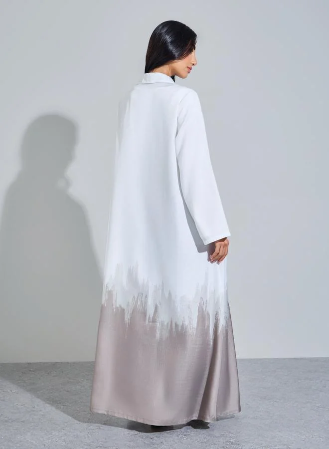 Amirah Beige White Front Open Ombre Placement Print Abaya for Women | Best Price UAE