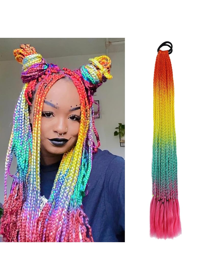 BASEMMAHER Rainbow Ponytail Hair Extensions for Girls Colored Braided Ponytail Wig Braids with Rubber Bands Hairpieces Synthetic Braiding Hair Accessories for Women Rainbow Festival Rave Crazy Hair Day 