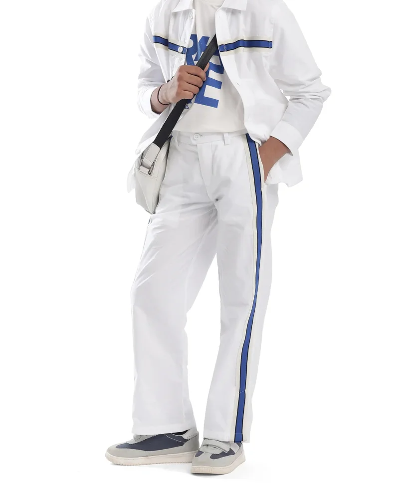 رير ونز Rare Ones Kids Taper-B White Cotton Tape Detailed Button And Zip Closure Regular Fit Cotton Trouser