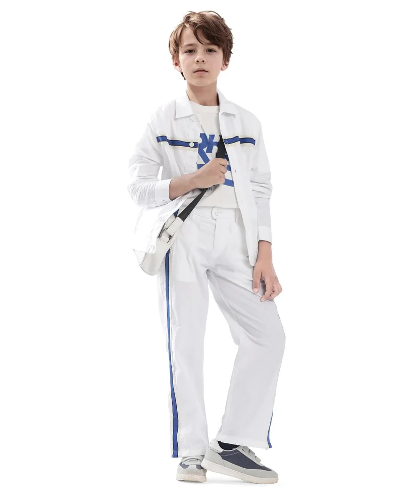 رير ونز Rare Ones Kids Taper-B White Cotton Tape Detailed Button And Zip Closure Regular Fit Cotton Trouser