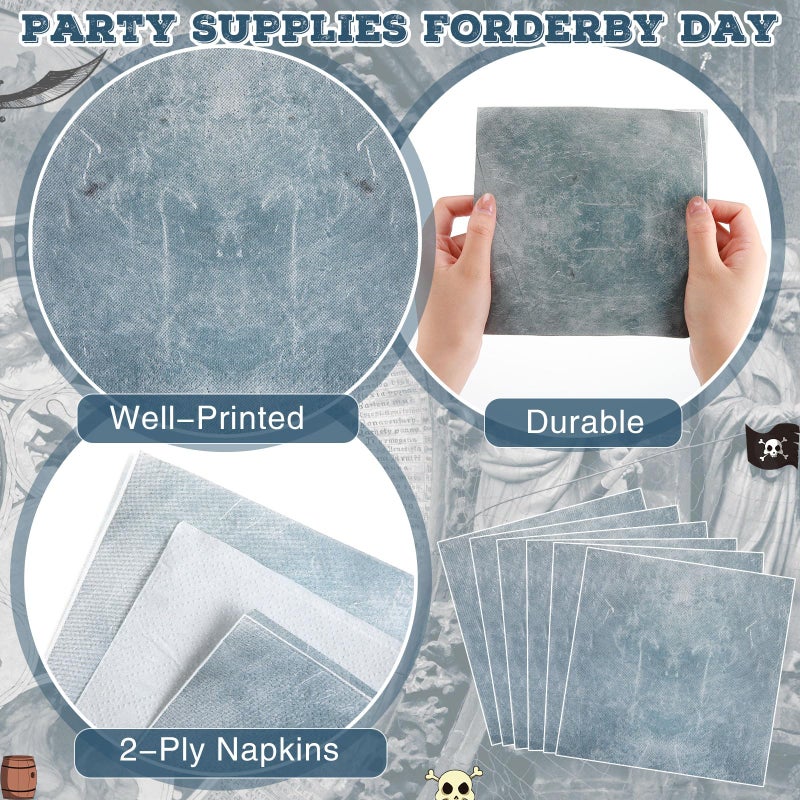 Jingmore 96 Pcs Medieval Party Supplies Disposable Paper Pewter Tableware Set for Castle Pirate Birthday Party Vintage Dinner Round Silver Grey Paper Plates Napkins Forkâ€‹ - Image 4