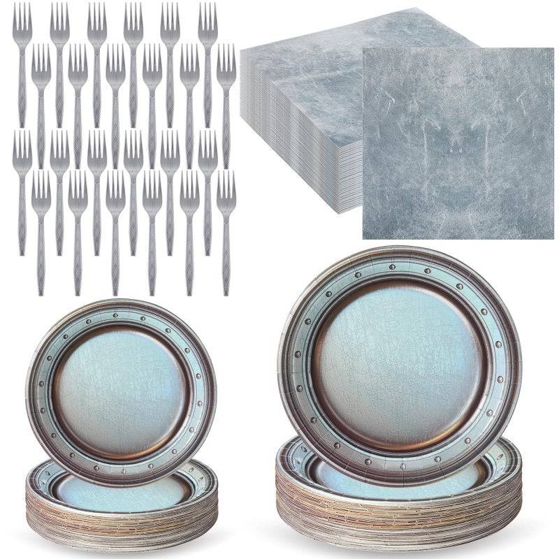 Jingmore 96 Pcs Medieval Party Supplies Disposable Paper Pewter Tableware Set for Castle Pirate Birthday Party Vintage Dinner Round Silver Grey Paper Plates Napkins Forkâ€‹ - Image 1