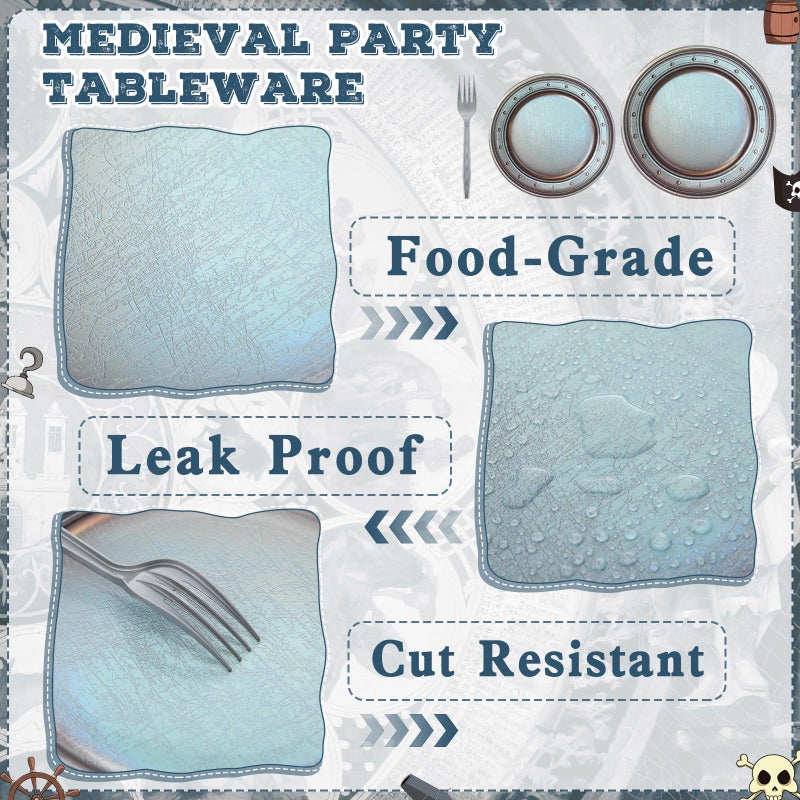 Jingmore 96 Pcs Medieval Party Supplies Disposable Paper Pewter Tableware Set for Castle Pirate Birthday Party Vintage Dinner Round Silver Grey Paper Plates Napkins Forkâ€‹ - Image 3