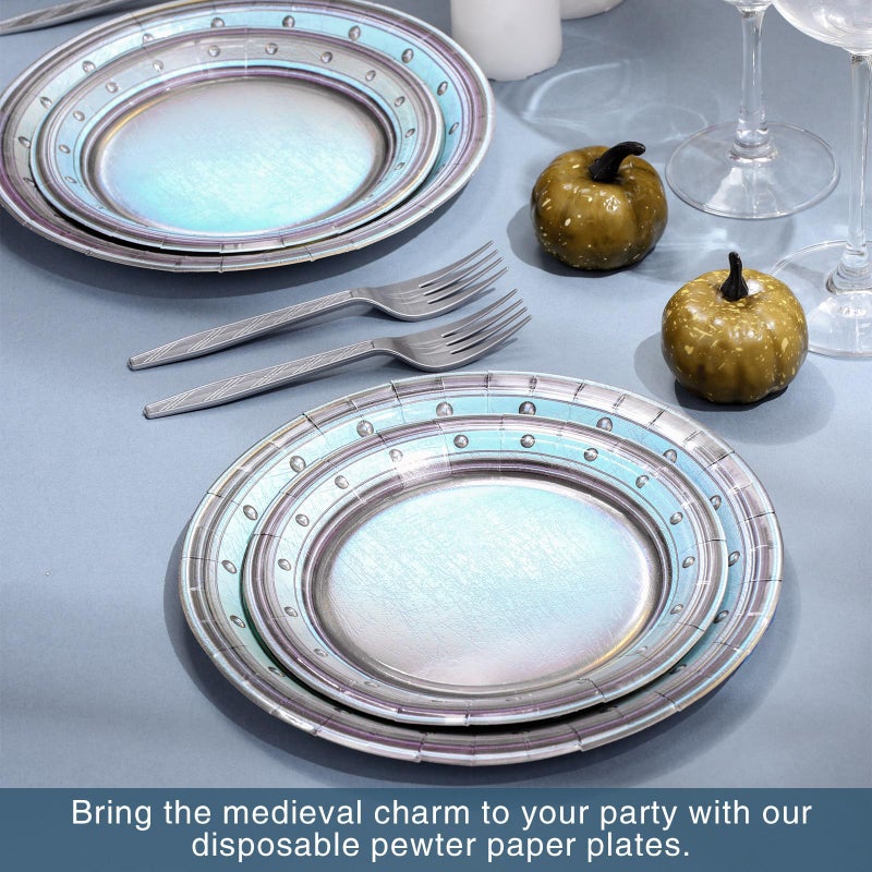 Jingmore 96 Pcs Medieval Party Supplies Disposable Paper Pewter Tableware Set for Castle Pirate Birthday Party Vintage Dinner Round Silver Grey Paper Plates Napkins Forkâ€‹ - Image 5
