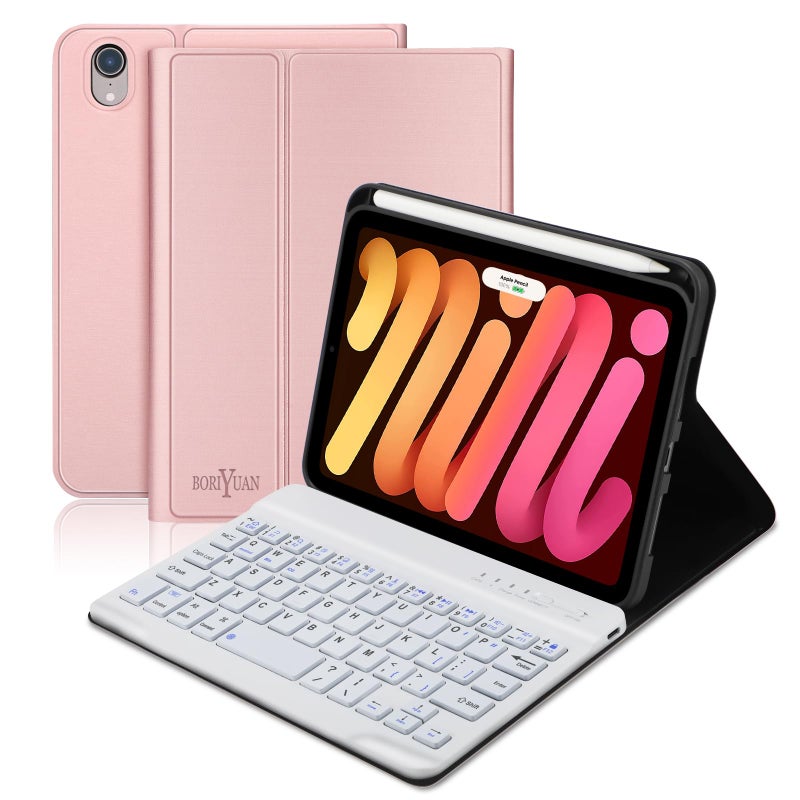 BORIYUAN iPad Mini A17 Pro 7th Keyboard Case 2024 Detachable Wireless Bluetooth Keyboard Smart Slim Folio Cover with Buildin Pencil Holder for iPad Mini 7th6th 2021 Generation 83 inch Rose Gold