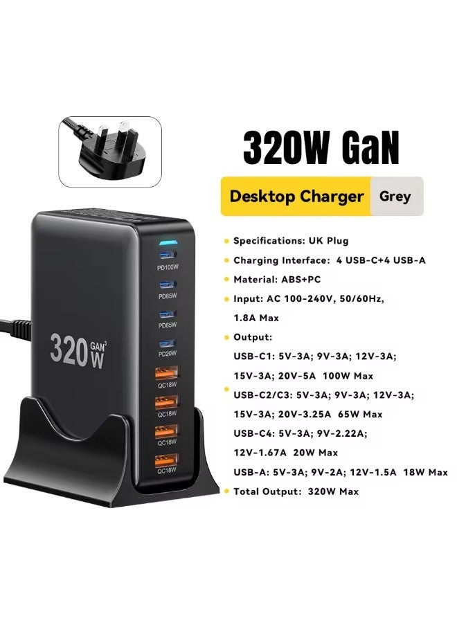 إيساجر شاحن سريع 320 وات بتقنية GAN مع دعم الشحن السريع USB Type-C، شاحن سريع بـ 8 منافذ بقدرة 100 وات يدعم تقنية PD عبر منفذ USB Type-C، متوافق مع ماك بوك برو، آيباد، آيفون 16، 15، 14