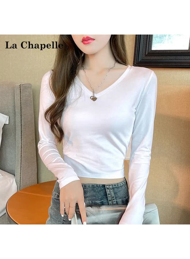 La Chapelle V-neck Crop Top Long Sleeve Base Shirt For Women, Spring And Autumn New Style Slim Fit Versatile High-waisted Slimming Top, White, XL - Image 1