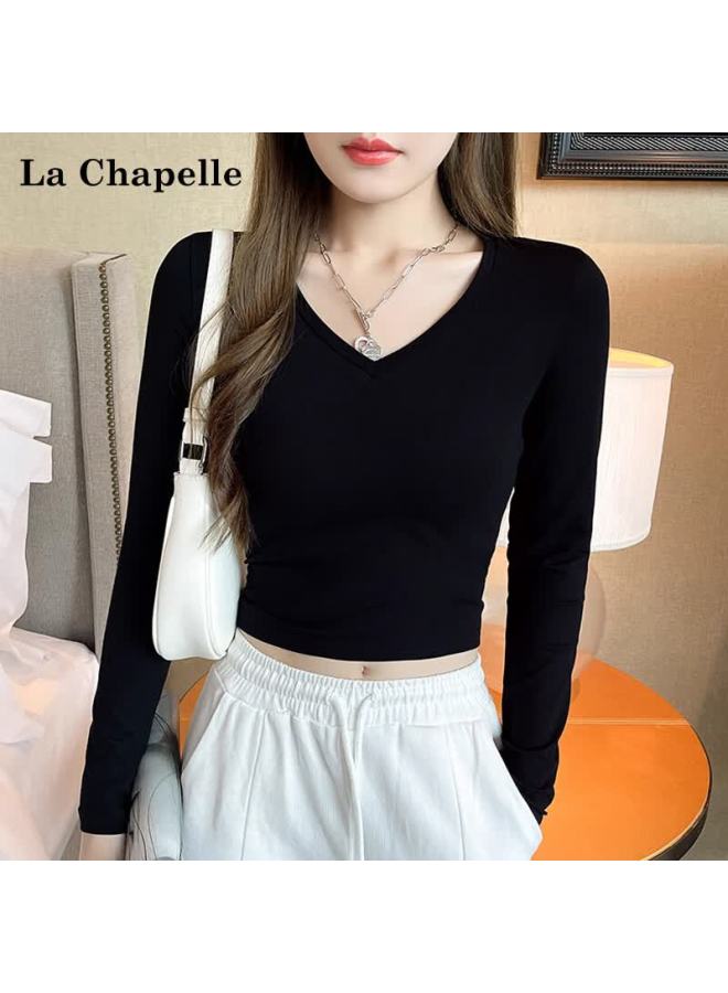 La Chapelle V-neck Crop Top Long Sleeve Base Shirt For Women, Spring And Autumn New Style Slim Fit Versatile High-waisted Slimming Top, White, XL - Image 4