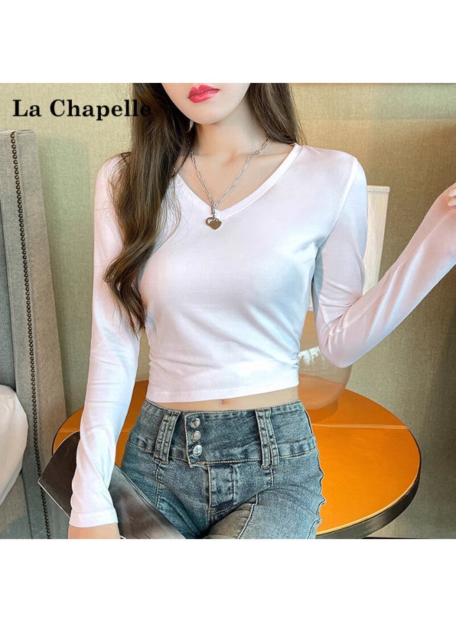 La Chapelle V-neck Crop Top Long Sleeve Base Shirt For Women, Spring And Autumn New Style Slim Fit Versatile High-waisted Slimming Top, White, XL - Image 2