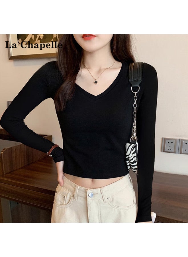 La Chapelle V-neck Crop Top Long Sleeve Base Shirt For Women, Spring And Autumn New Style Slim Fit Versatile High-waisted Slimming Top, White, XL - Image 3