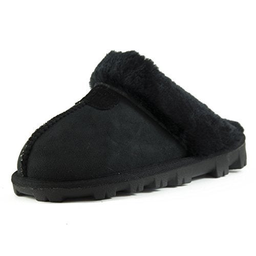 CLPP'LI Womens Slip on Faux Fur Warm Winter Mules Fluffy Suede Comfy Slippers-Black-7 - Image 1