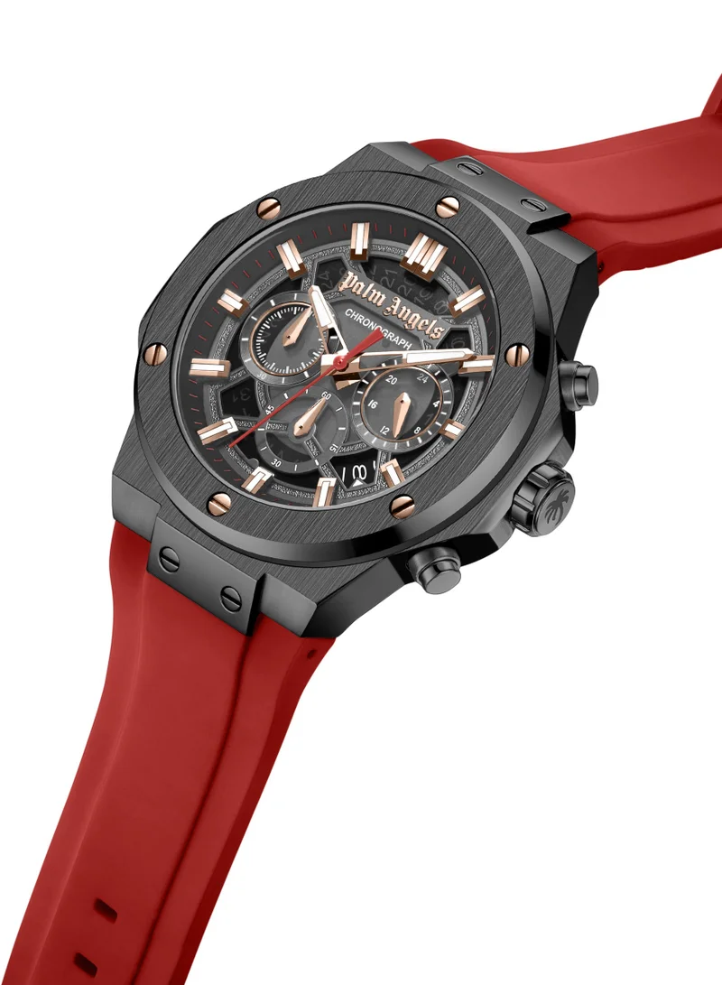 Palm Angels Fiero Black Dial Red Silicone Strap Chronograph Watch for Men, 44mm