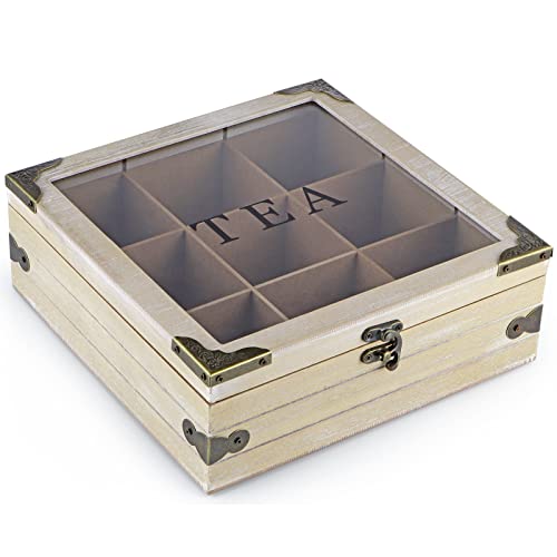 MOLIGOU Wood Tea Box Organizer, Tea Storage Chest with Glass Lid, 9 Compartments, Tea Bag Holder for Cabinet, Pantry - Image 2