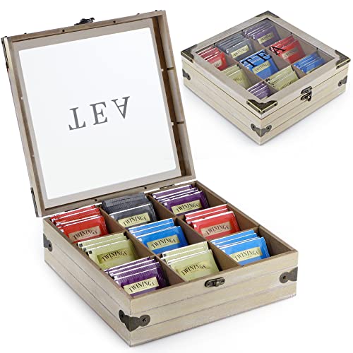 MOLIGOU Wood Tea Box Organizer, Tea Storage Chest with Glass Lid, 9 Compartments, Tea Bag Holder for Cabinet, Pantry - Image 1