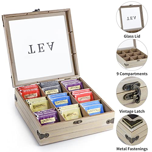 MOLIGOU Wood Tea Box Organizer, Tea Storage Chest with Glass Lid, 9 Compartments, Tea Bag Holder for Cabinet, Pantry - Image 4