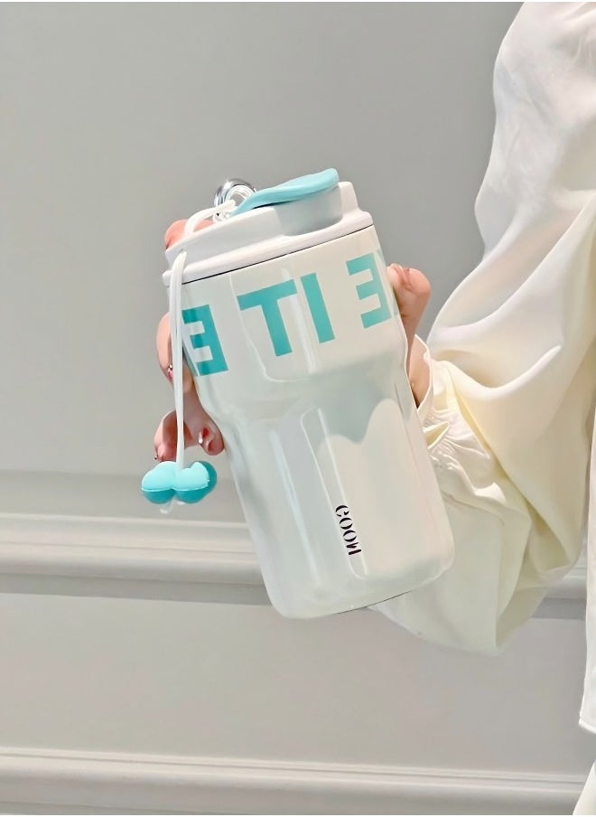 Stainless Steel Tumbler, 18oz Tumbler with Lid and Straw, 18/10 Spill Proof Insulated Water Bottle with Flip Lid and Straw Mouth Rotary Lock, White&Blue