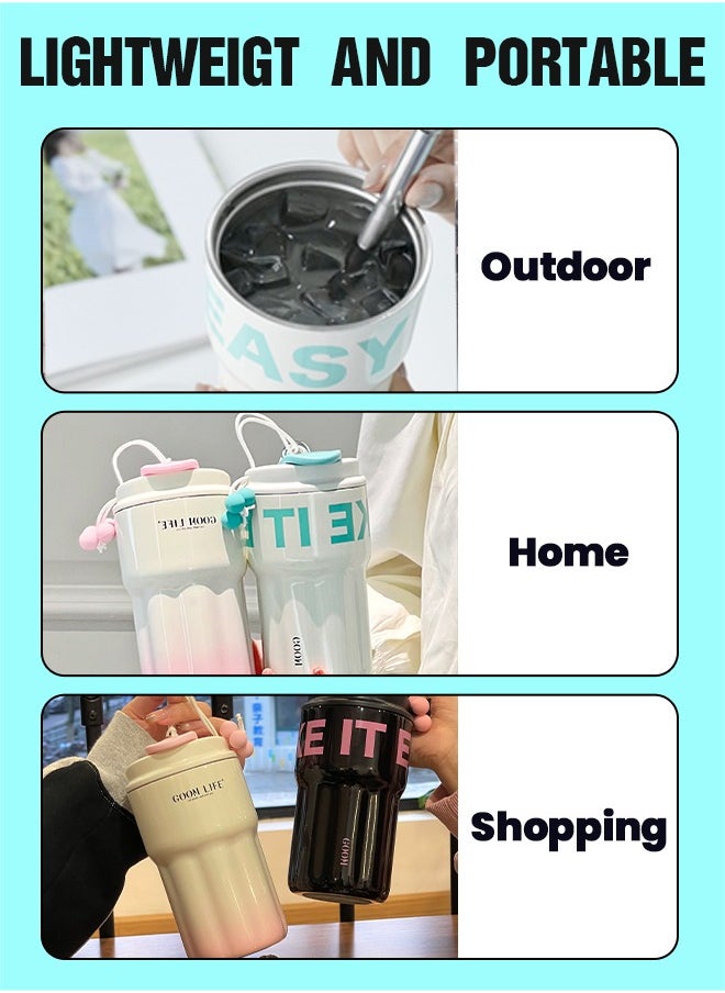 Stainless Steel Tumbler, 18oz Tumbler with Lid and Straw, 18/10 Spill Proof Insulated Water Bottle with Flip Lid and Straw Mouth Rotary Lock, White&Blue