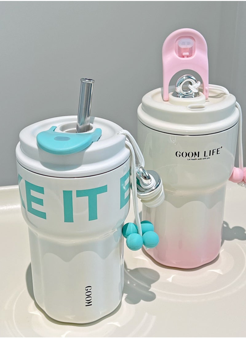 Stainless Steel Tumbler, 18oz Tumbler with Lid and Straw, 18/10 Spill Proof Insulated Water Bottle with Flip Lid and Straw Mouth Rotary Lock, White&Blue