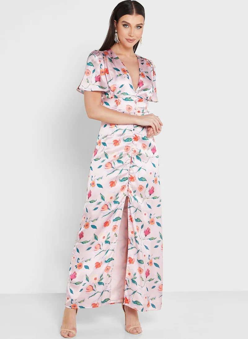 Anaya With Love Floral Front Slit Button Detail Dress