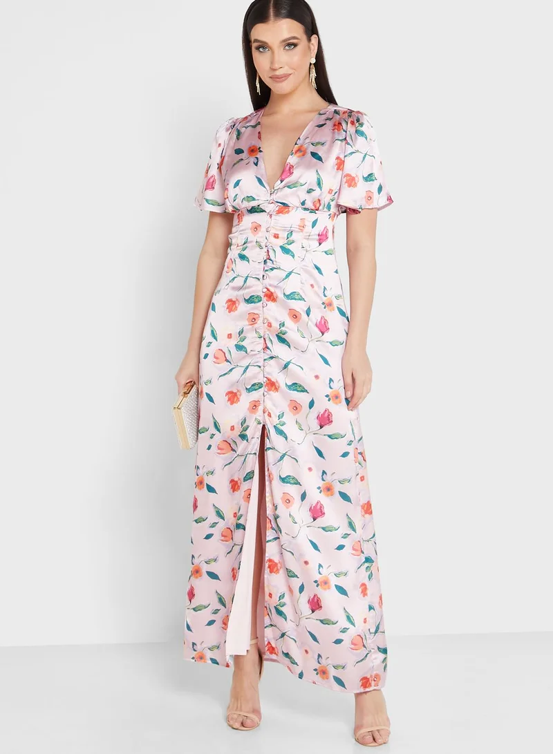 Anaya With Love Floral Front Slit Button Detail Dress