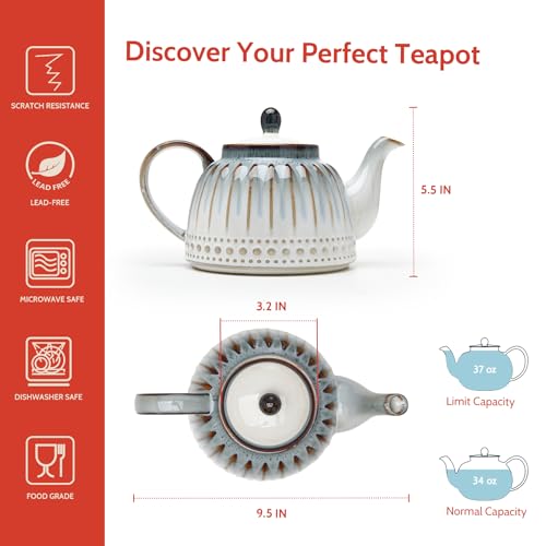 Sweese Ceramic Teapot, Beaded Retro Flower Glaze, 1100ml/37 oz Large Tea Pot for Loose Tea or Bags, Enough for 4 Cups, Nebula Blue - Image 2