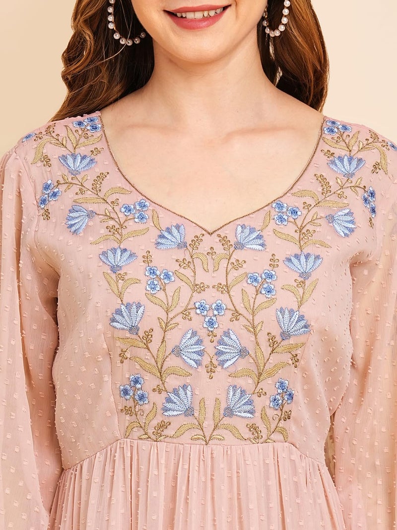 RATAN Women's Floral Embroidered Puff Sleeve Chiffon Flared Tiered Kurta Gown Maxi Dress (BTF-ONN-XL_Onion Pink), Regular Fit - Image 5