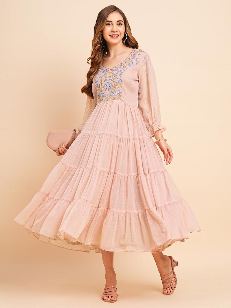 RATAN Women's Floral Embroidered Puff Sleeve Chiffon Flared Tiered Kurta Gown Maxi Dress (BTF-ONN-XL_Onion Pink), Regular Fit - Image 4