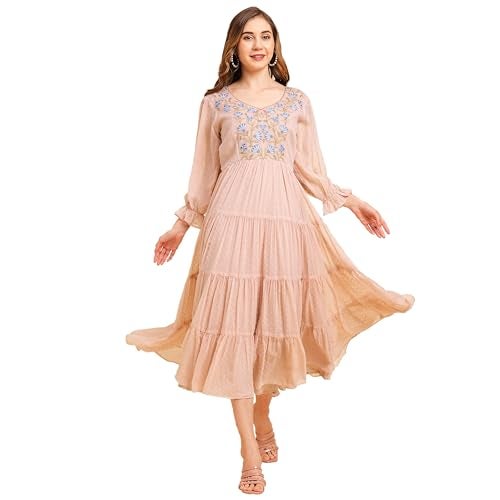 RATAN Women's Floral Embroidered Puff Sleeve Chiffon Flared Tiered Kurta Gown Maxi Dress (BTF-ONN-XL_Onion Pink), Regular Fit - Image 1