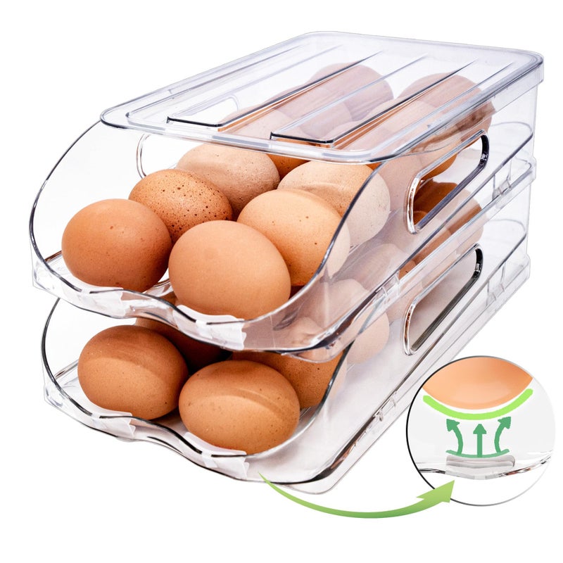 SMRCAD Egg Holder for Fridge Automatic Steady Rolling Egg Container with Soft Bumpers Handle for Refrigerator Stackable Fridge Organizers and Storage with Lid