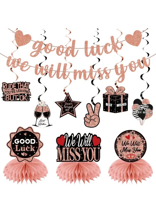 1 Set Farewell Party Decorations, Good Luck We'll Miss You Decorative DIY String Glitter Banners Farewell Decorations Party Supplies Retirement Farewell Party Decorations Desktop Center Decorative Hanging Swirl, Black Rose Golden