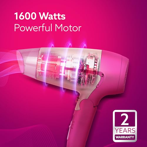 AGARO HD1179 Hair Dryer, 1600 Watts, 2 Speed & 3 Heat Settings, Cool Shot, Foldable Handle, for Men & Women, Pink - Image 4