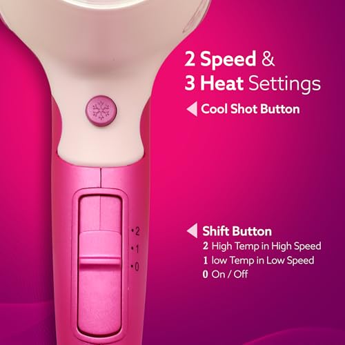 AGARO HD1179 Hair Dryer, 1600 Watts, 2 Speed & 3 Heat Settings, Cool Shot, Foldable Handle, for Men & Women, Pink - Image 3