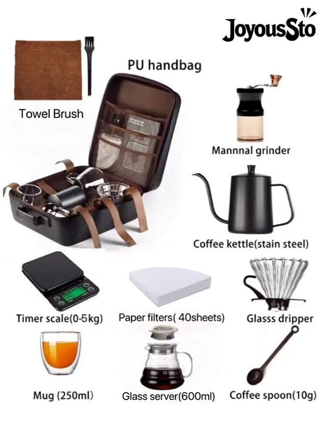 متجر الفرح مجموعة من 11 قطعة من ماكينة صنع القهوة V60 مع غلاية قهوة ومقياس ومصفاة قهوة ومجموعة أدوات يدوية للسفر والتخييم ومجموعة هدايا القهوة - Image 1