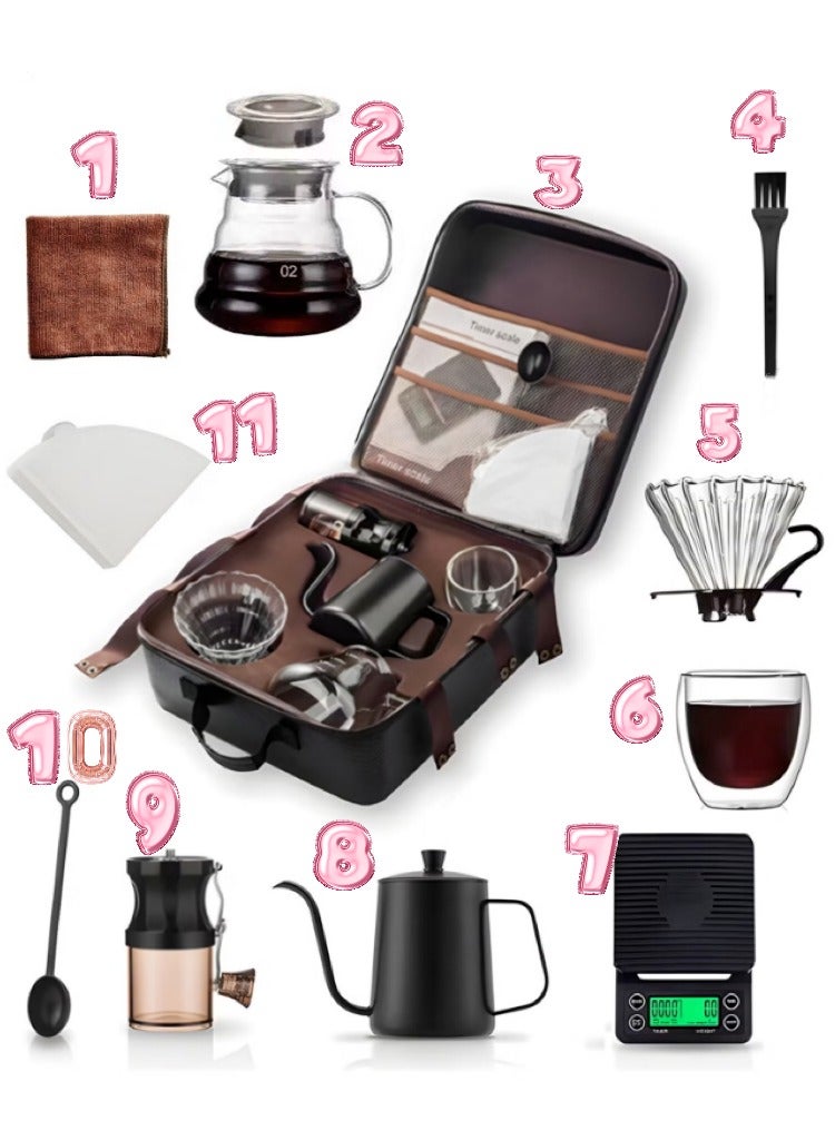 متجر الفرح مجموعة من 11 قطعة من ماكينة صنع القهوة V60 مع غلاية قهوة ومقياس ومصفاة قهوة ومجموعة أدوات يدوية للسفر والتخييم ومجموعة هدايا القهوة - Image 2