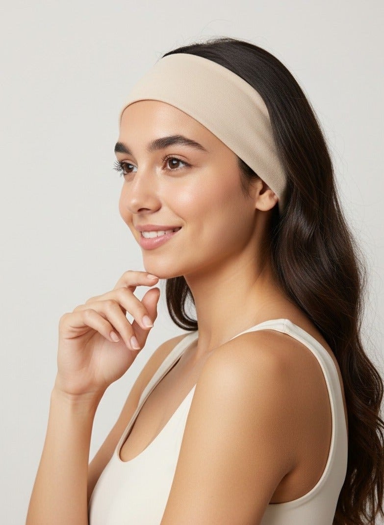 Wide  Plain Stretch Unisex Soft Yoga Headband (Beige) - Image 5