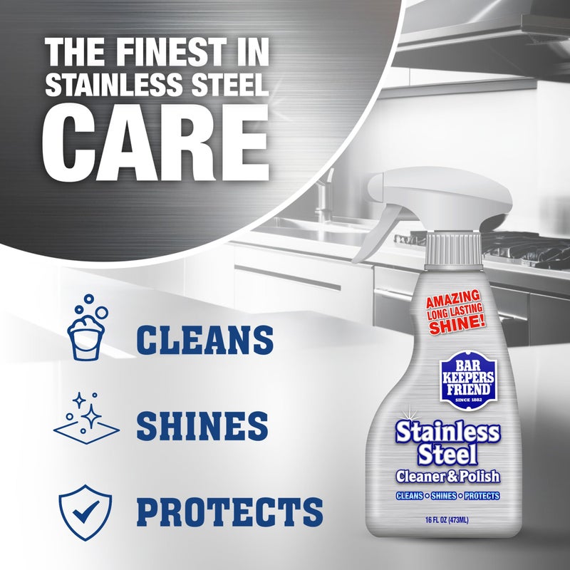 Bar Keepers Friend Stainless Steel Cleaner and Polish Spray (2 x 16 oz) Removes Oily Fingerprints, Hard Water Stains, Grime & Food Debris without Scratching or Dulling Appliances & Surfaces - Image 2