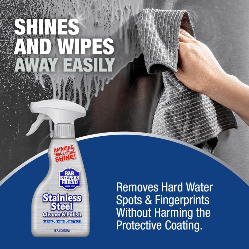 Bar Keepers Friend Stainless Steel Cleaner and Polish Spray (2 x 16 oz) Removes Oily Fingerprints, Hard Water Stains, Grime & Food Debris without Scratching or Dulling Appliances & Surfaces - Image 4