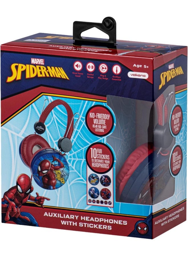 SMD Marvel Spider-Man Auxiliary Headphones with Stickers | Wired Spider-Man headphones for kids with aux cable, soft ear cushions, adjustable headband, and included stickers for personalization - Image 1