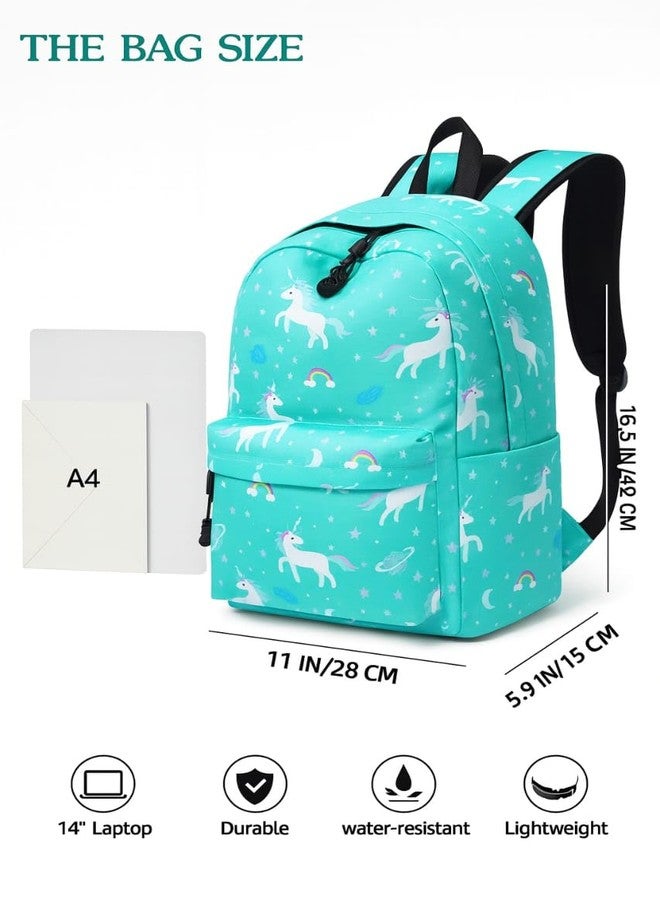 ALGROWD- Unicorn Backpack for Kids, Mint Green Canvas School Bag with Rainbow Stars Pattern, Magical Fantasy Theme Design - Image 2