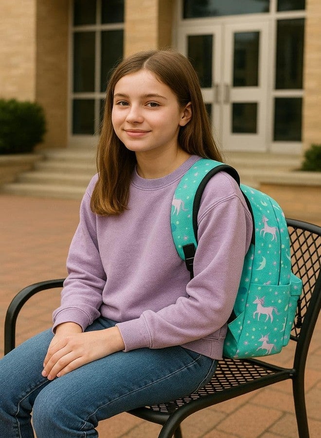 ALGROWD- Unicorn Backpack for Kids, Mint Green Canvas School Bag with Rainbow Stars Pattern, Magical Fantasy Theme Design - Image 3