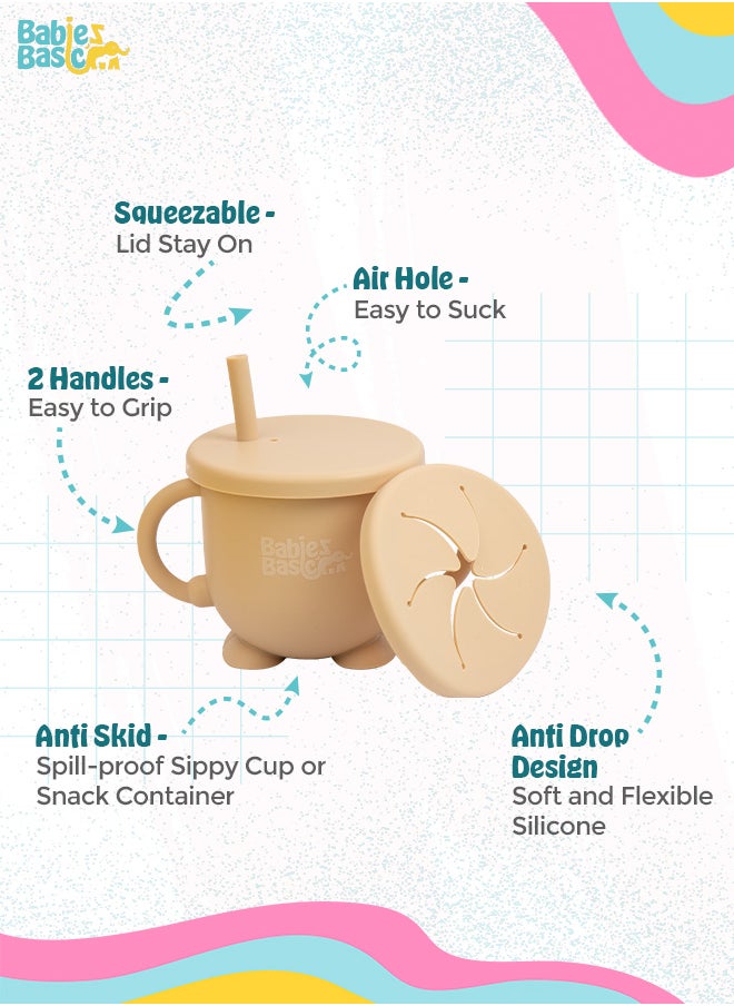 Babies Basic Silicone Baby Sippy Cup With Inerchangable Snack Lid - Beige  - Image 3