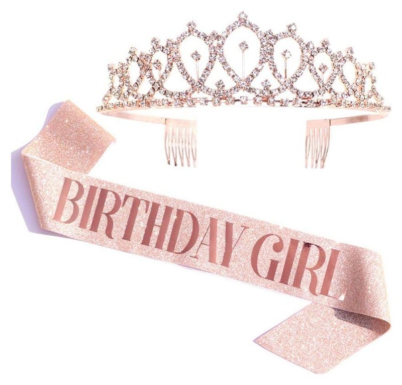 Haidue Pink Birthday Girl Sash and Rhinestone Tiara Kit Birthday Gifts Diamond Glitter Birthday Party Favors - Image 1