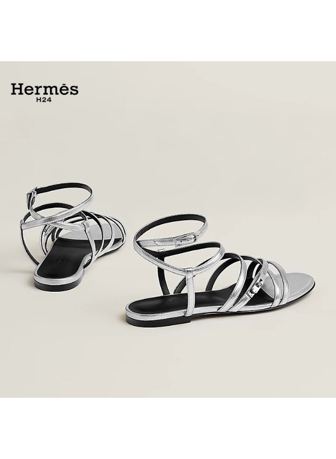 Hermes H24 صندل هيرميس H24 Lullaby من جلد الماعز، بمقدمة مستديرة ومشبك وأشرطة، للنساء، صيفي، فضي - Image 3