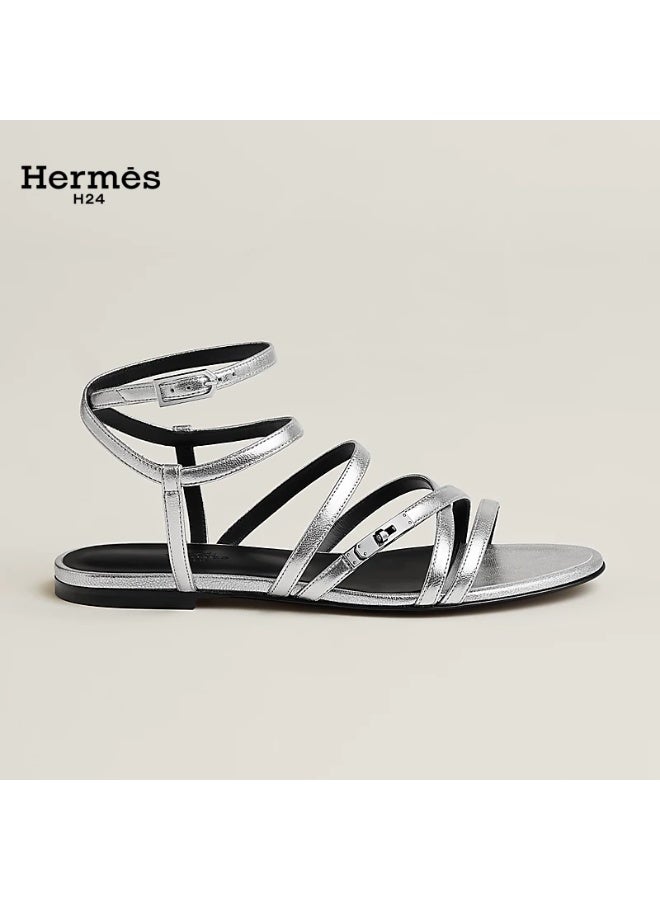 Hermes H24 صندل هيرميس H24 Lullaby من جلد الماعز، بمقدمة مستديرة ومشبك وأشرطة، للنساء، صيفي، فضي - Image 2