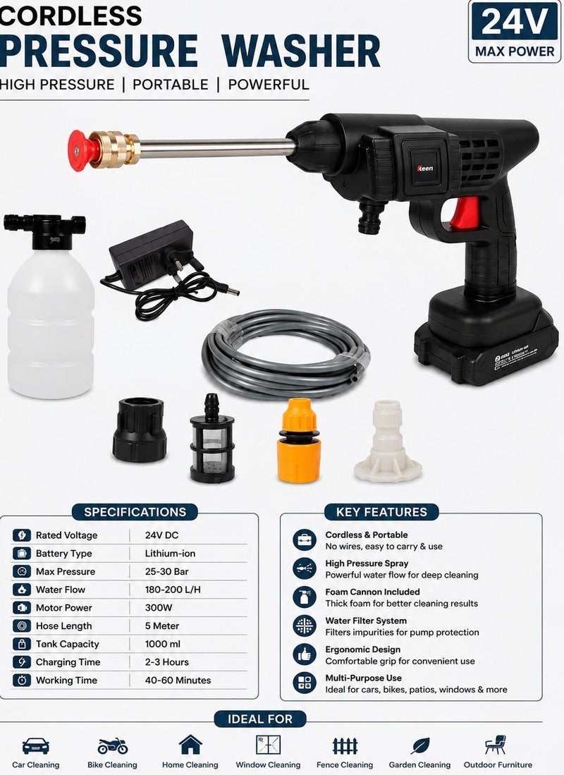 KRAWN Cordless High-Pressure Washer Gun, Rechargeable Lithium Battery, 5 M Water Pipe, 3 Nozzles (0°, 40°, Foam Spray), Portable Cleaning Tool for Car, Bike, Patio & Garden Use KW-41220 - Image 1