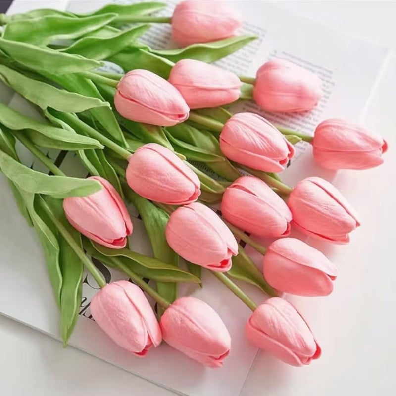 SHINE-CO LIGHTING PU Real Touch Tulips Artificial Flowers 30Pcs Flowers Arrangement Bouquet for Home Office Wedding Decoration (Pink) - Image 2